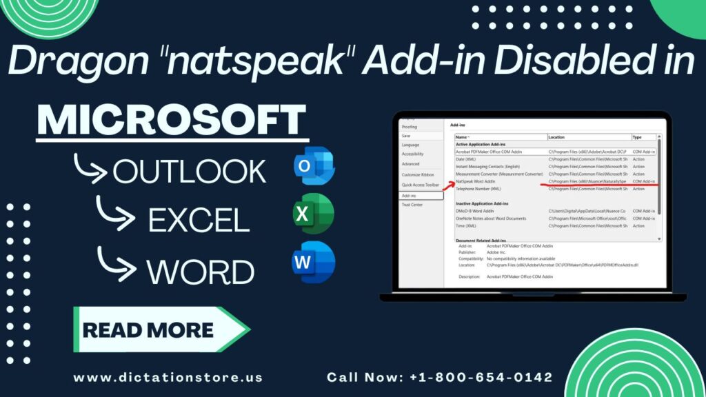 Dragon natspeak Add-in Disabled in Microsoft Outlook, Word, and Excel
